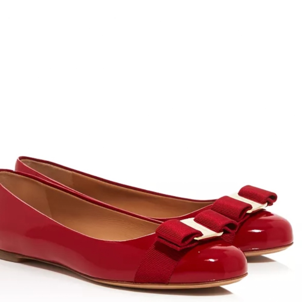 BRAND NEW, Salvatore Ferragamo Women's Varina Ballet Flats, Rosso Red/Gold